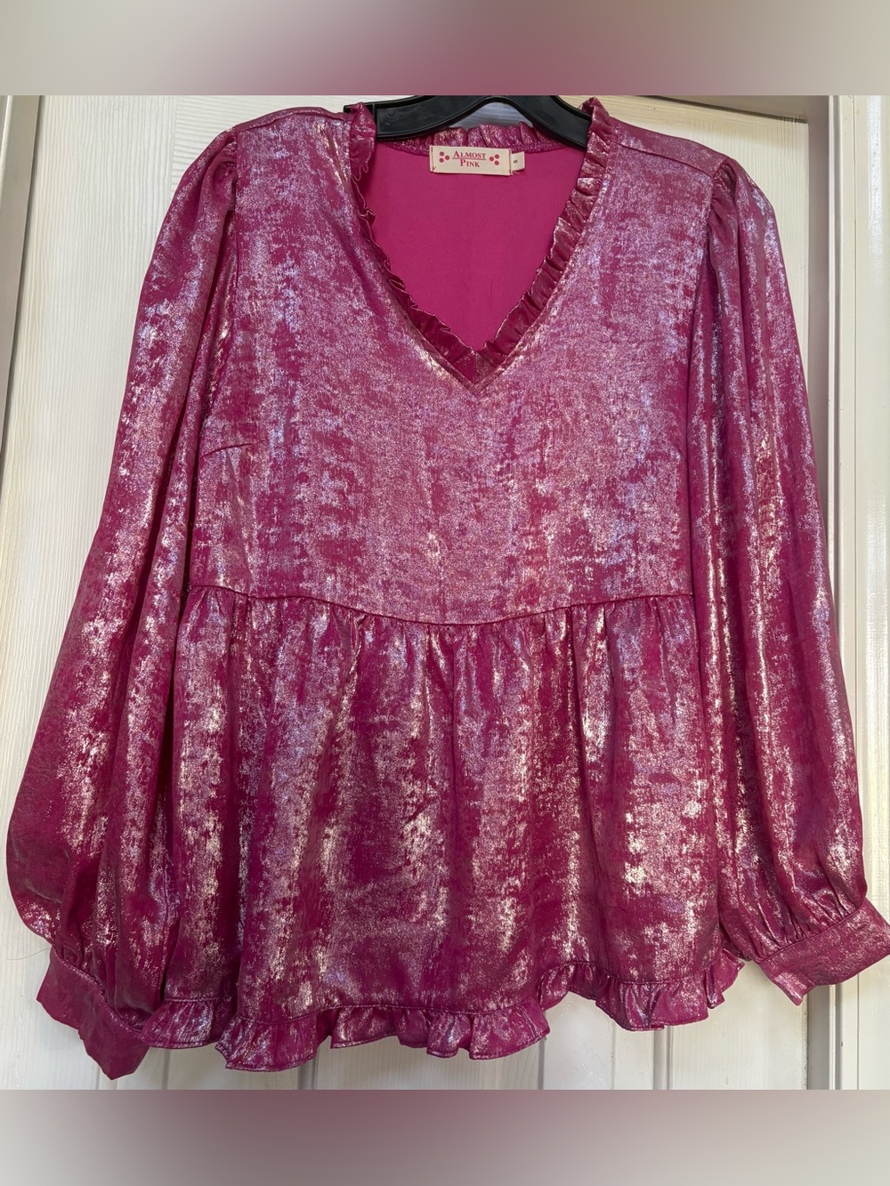 Metallic Fuchsia V-Neck Peplum Blouse by Adrienne Vittadini